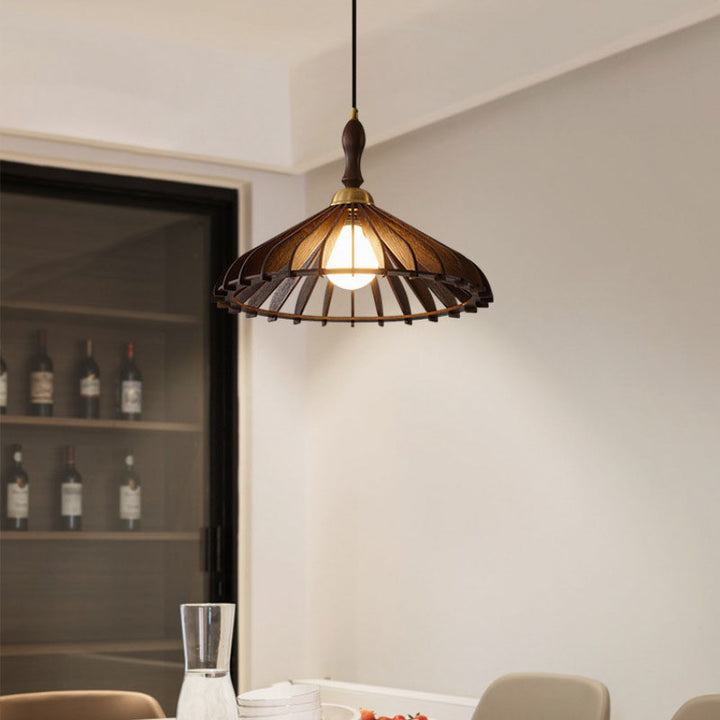 Traditional Japanese Umbrella Ash Wood Copper 1-Light Pendant Light For Bedroom
