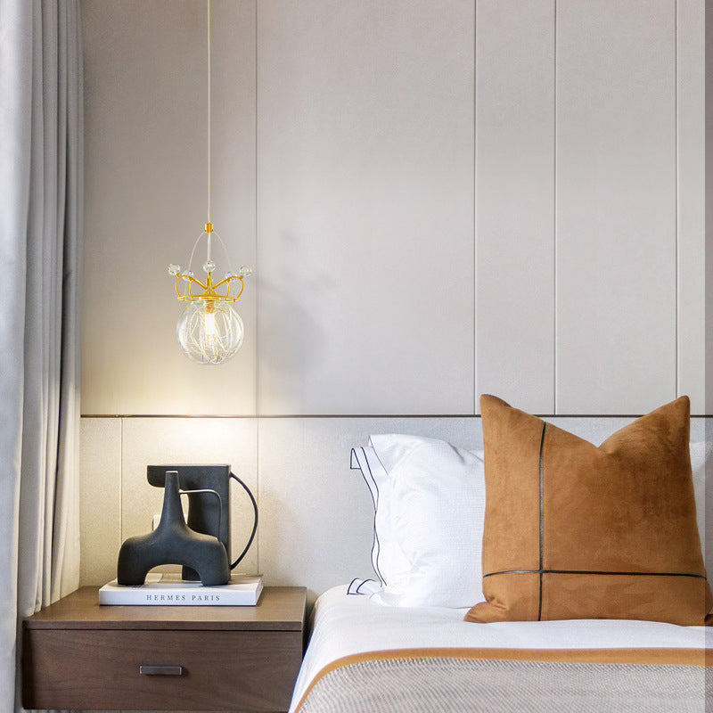 Lustre Suspendu Moderne de Luxe Crown Orb Tout en Laiton avec Verre 1 Lumière pour Chambre 