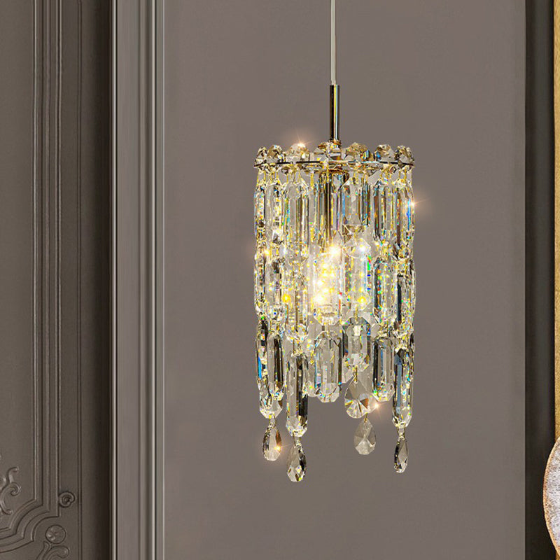 Moderne Art Deco Zylinder Hardware Kristall 1-Licht Pendelleuchte für Wohnzimmer 