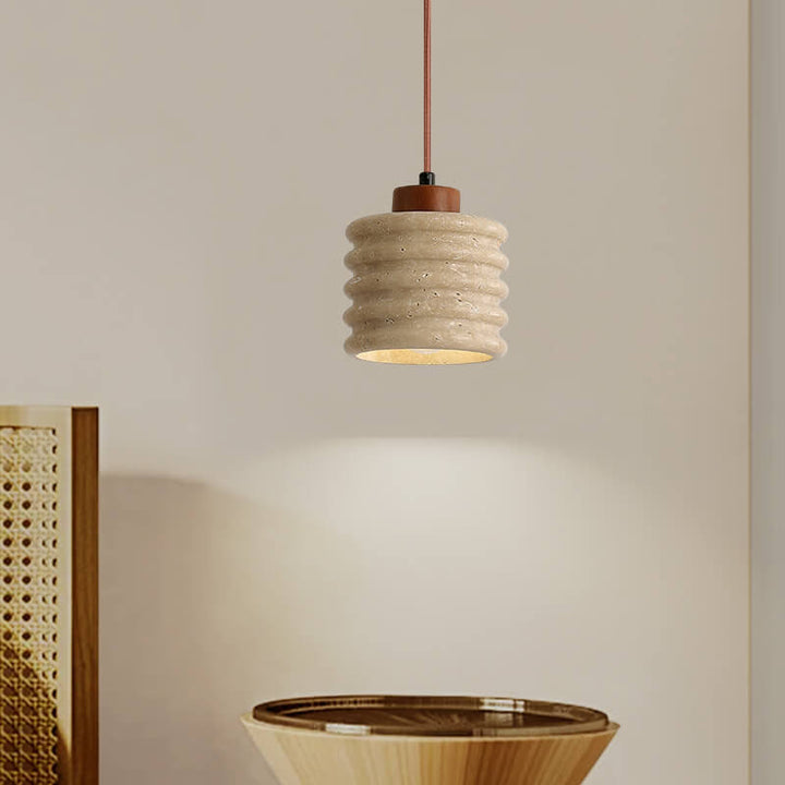 Japanisches Wabi-Sabi Gelbes Travertin Zylinder Lampenschirm Holz 1-Licht Pendelleuchte 