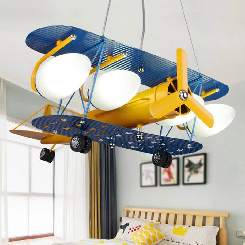 Contemporary Creative Cartoon Iron Aircraft Glass Shade 5-Light Kids Chandelier For Bedroom