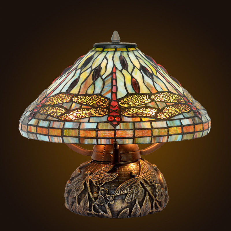 Lampe de table Tiffany Vintage Libellule en vitrail avec base en cuivre à 2 lumières 