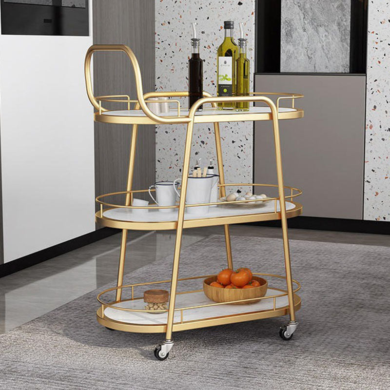 Carro de comedor contemporáneo nórdico ovalado de mármol y metal de 3 bandejas para comedor 