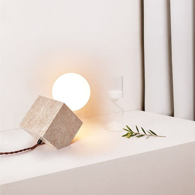 Japanese Nostalgic Yellow Travertine Inclined Cube 1-Light Table Lamp