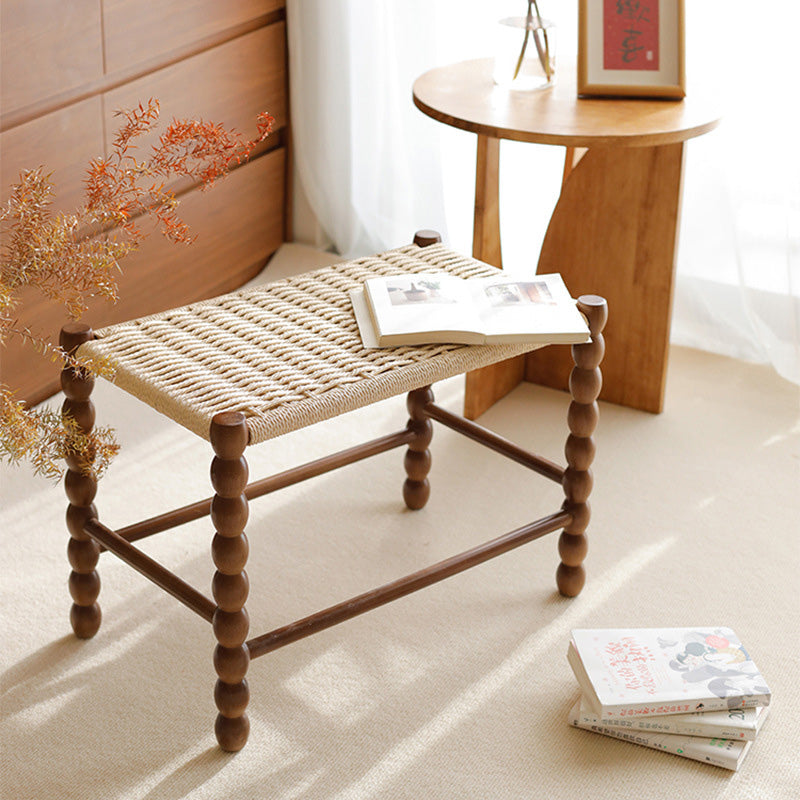 Tabouret rectangulaire traditionnel chinois en osier avec pieds en bois pour le salon 