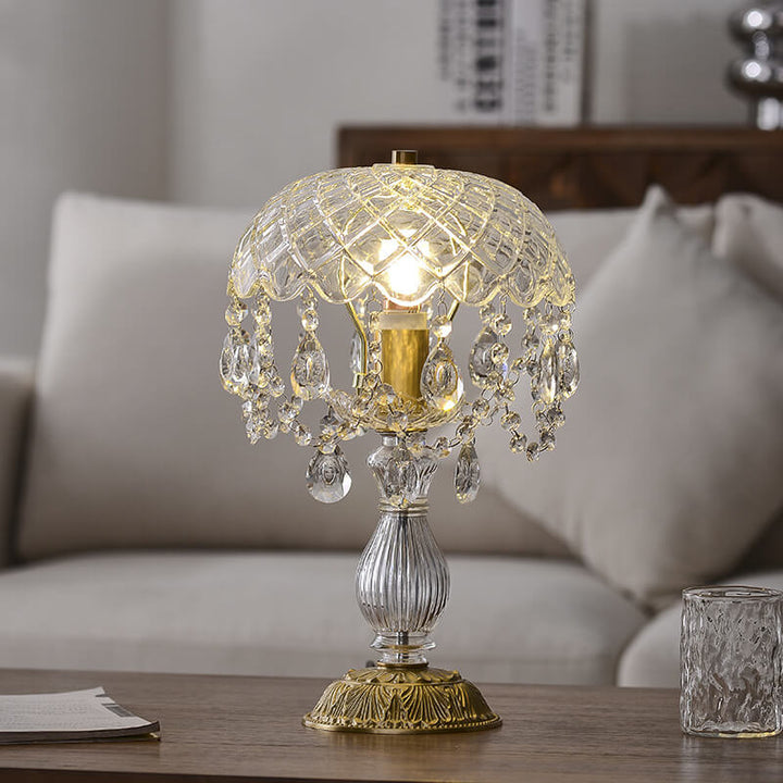 Modern Luxury Clear Glass Crystal Round Tassel Copper 1-Light Table Lamp for Bedroom