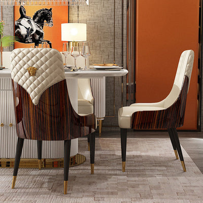 Chaise de salle à manger contemporaine en cuir nordique avec dossier et accoudoirs en bois, acier inoxydable et éponge 