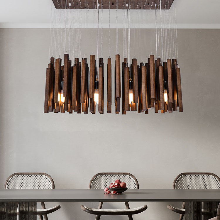 Chandelier rectangulaire en bois contemporain créatif à 8 lumières pour salle à manger 