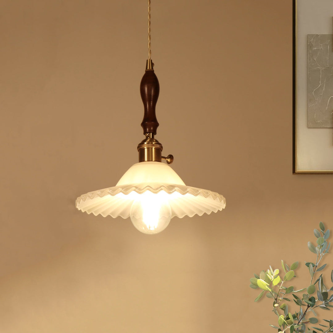 Abat-jour rond en verre plissé traditionnel japonais avec bois, suspension à 1 lumière pour salon 