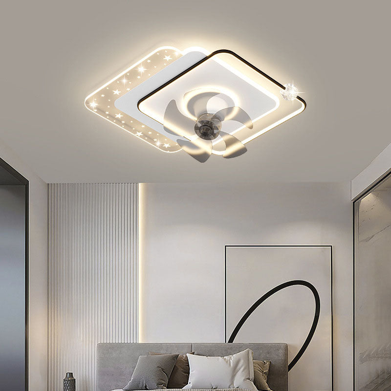 مروحة سقف بمصباح LED مثبت شبه متدفق من الحديد الأكريليك المعاصر المستدير المربع لغرفة النوم 