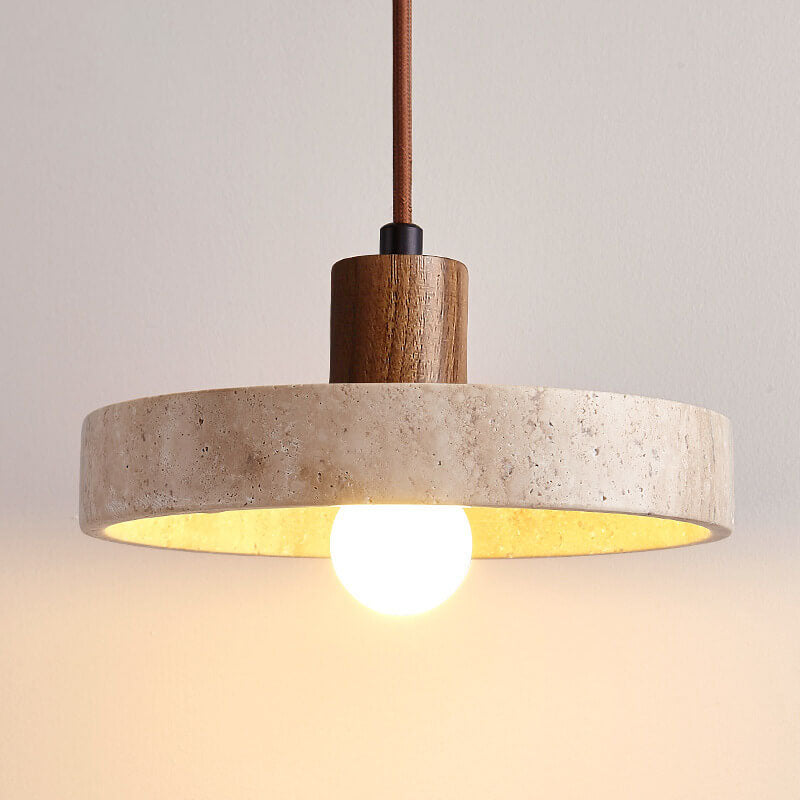 Japanese Minimalist Solid Wood Disc Yellow Travertine Base 1-Light Pendant Light