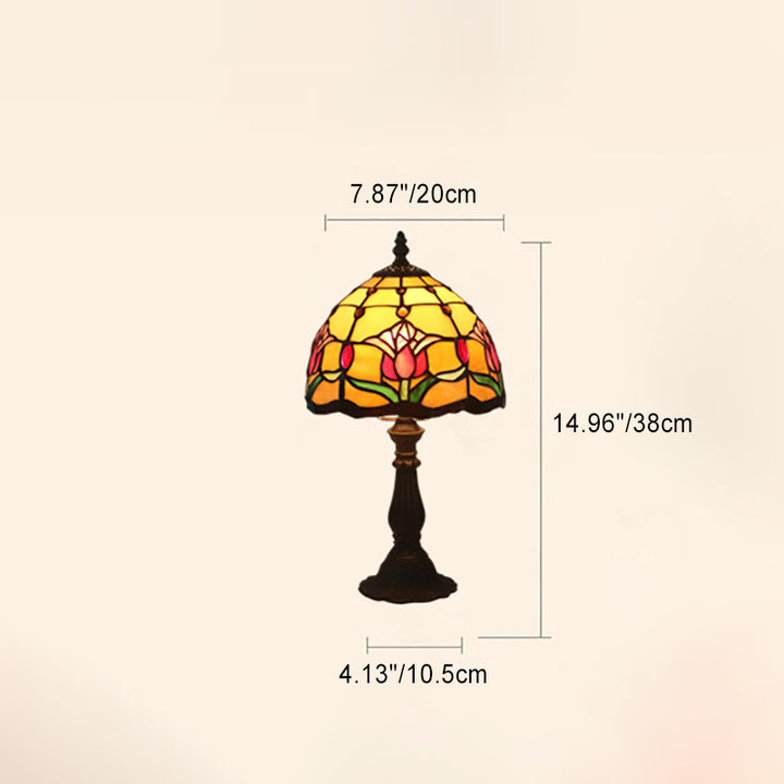 Traditionelle europäische Zinklegierung Glaskuppel Tulip 1-Licht Tischlampe für Schlafzimmer 