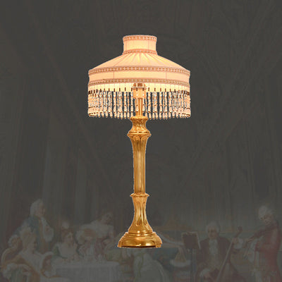 Zeitgenössische Luxus-Tischlampe aus Stoff mit rundem Schirm und Messingsockel, 1 Licht, für das Home Office 