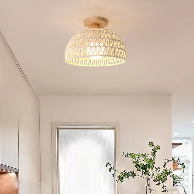 Traditional Japanese Half Round Solid Wood Rattan 1-Light Semi-Flush Mount Ceiling Light For Living Room