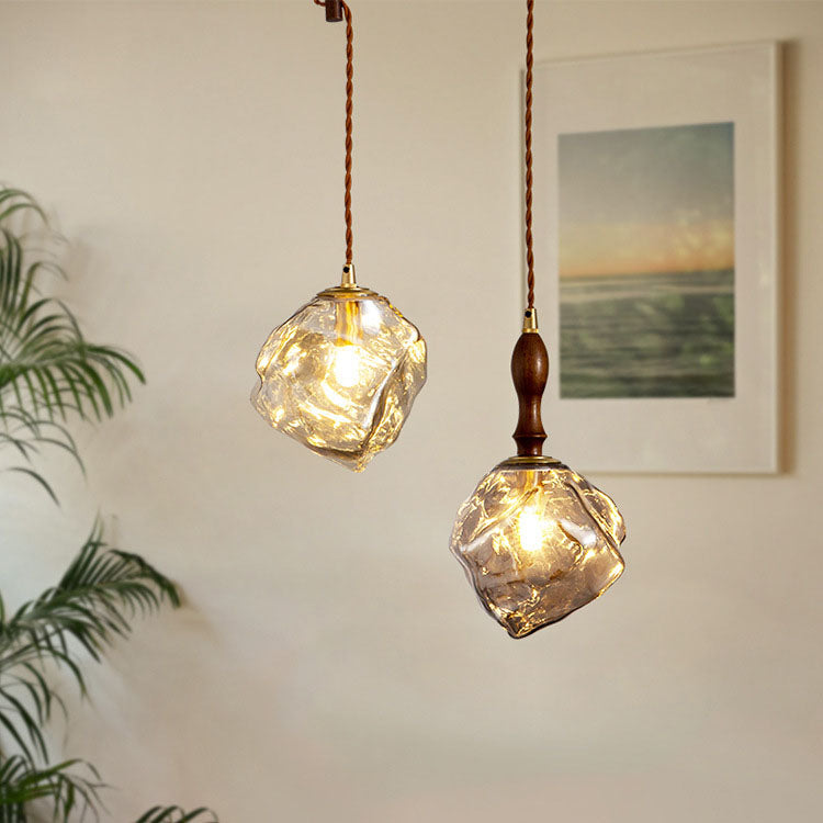 Traditional Vintage Irregular Ice Cube Shape Glass Aluminum Wood 1-Light Pendant Light For Living Room