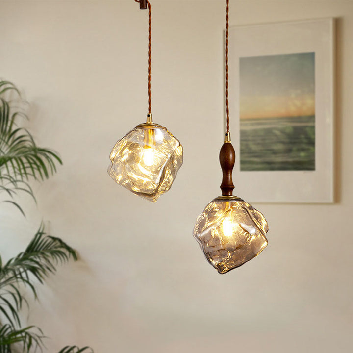 Traditional Vintage Irregular Ice Cube Shape Glass Aluminum Wood 1-Light Pendant Light For Living Room