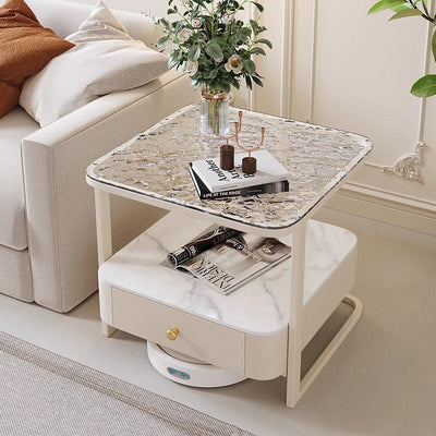Mesa auxiliar contemporánea nórdica cuadrada de vidrio, metal y madera de 2 niveles para sala de estar 