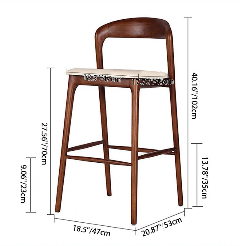 Tabouret de bar contemporain rétro à cadre carré en bois massif, revêtu de similicuir, dossier bas et repose-pieds pour salle à manger 