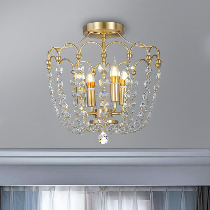 Europäisches leichtes Luxus-Kupferkristall-String 4-Licht Semi-Flush-Mount-Deckenleuchte 