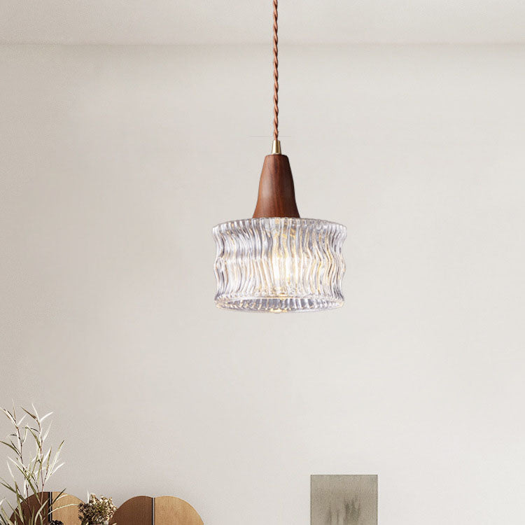 Moderne Übergangswalnuss Messing Runde Glasschirm 1-Licht Pendelleuchte Für Wohnzimmer 