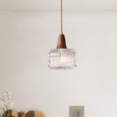 Modern Transitional Walnut Brass Round Glass Shade 1-Light Pendant Light For Living Room