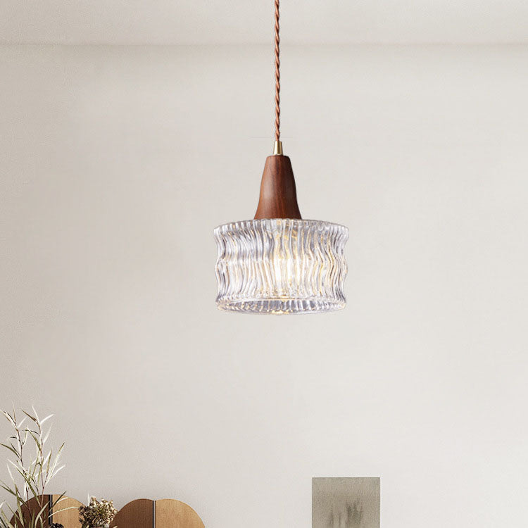 Modern Transitional Walnut Brass Round Glass Shade 1-Light Pendant Light For Living Room