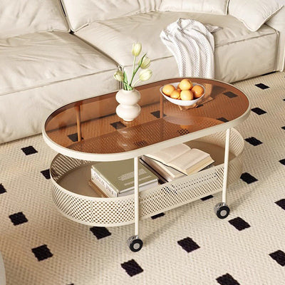 Table d'appoint mobile en fer avec dessus en verre ovale de simplicité moderne, armoire à 2 niveaux pour le salon 