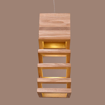 Traditional Japanese Wooden Spring Cube Shade 1-Light Pendant Light For Dining Room