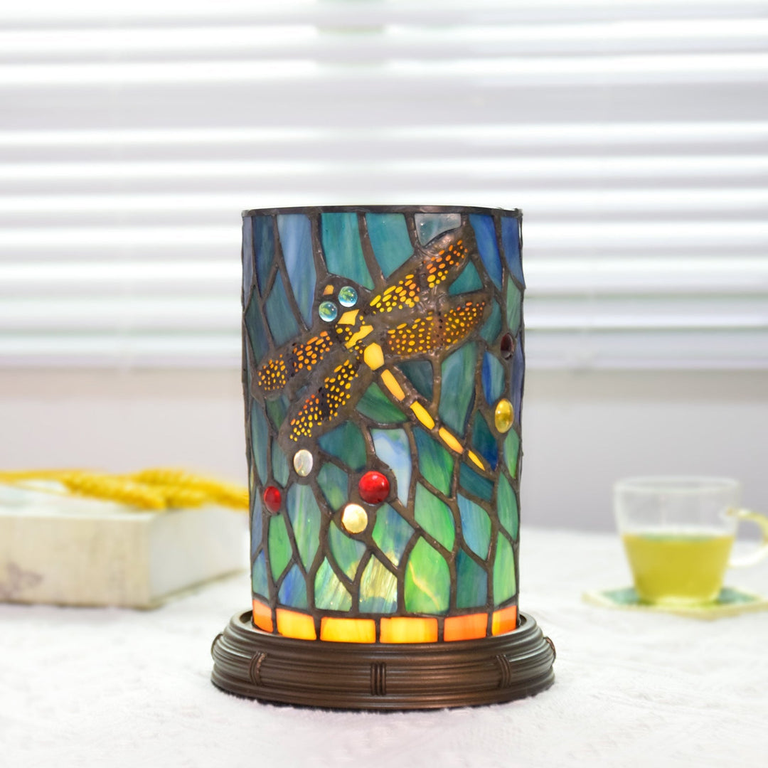 Traditionelle Tiffany-Buntglas-Libellen-Zylinderschirm-Harzsockel-LED-USB-Tischlampe für Unterhaltungsräume 