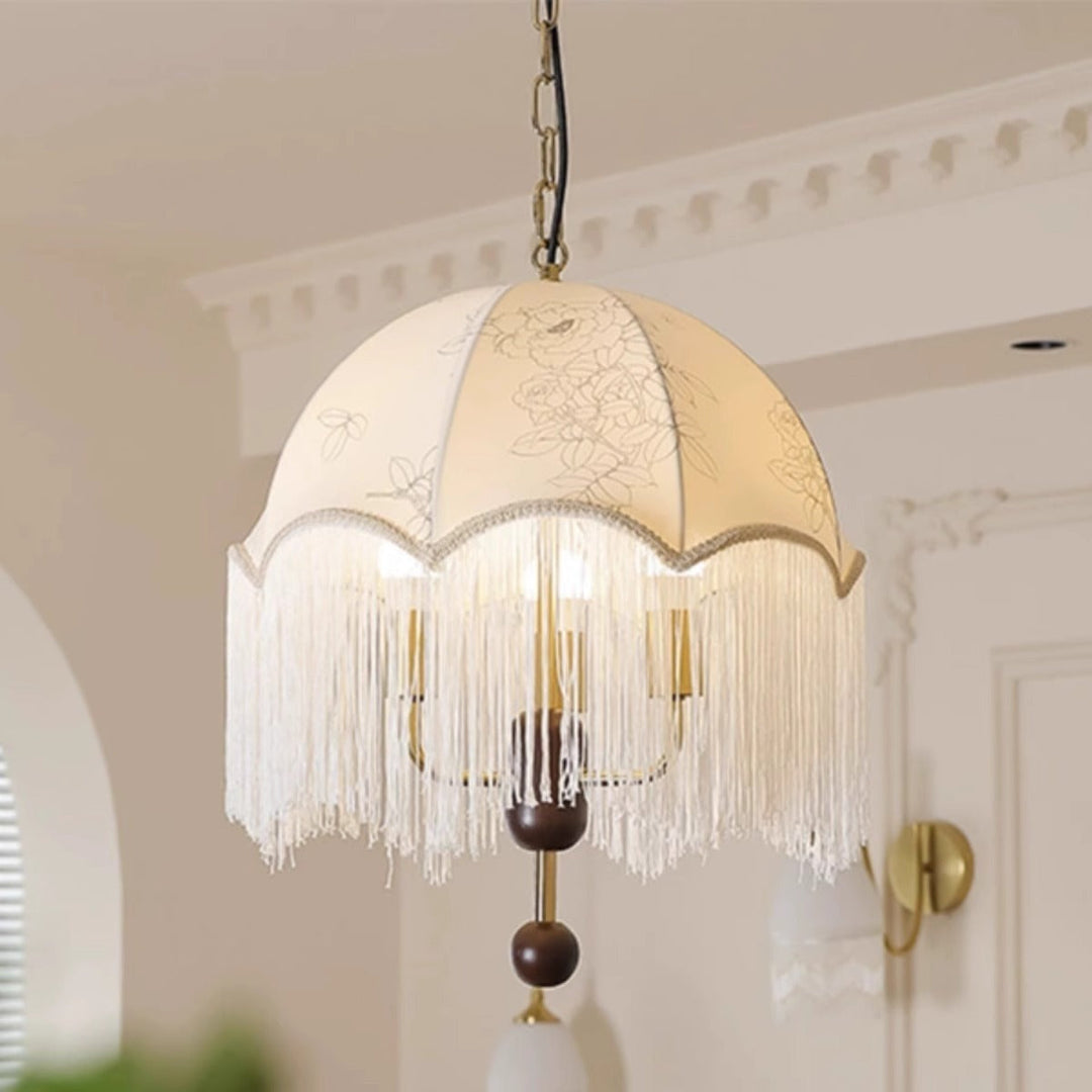 Traditionelle französische runde Quaste Eisen Holz Stoff 3-Licht Pendelleuchte für Wohnzimmer 