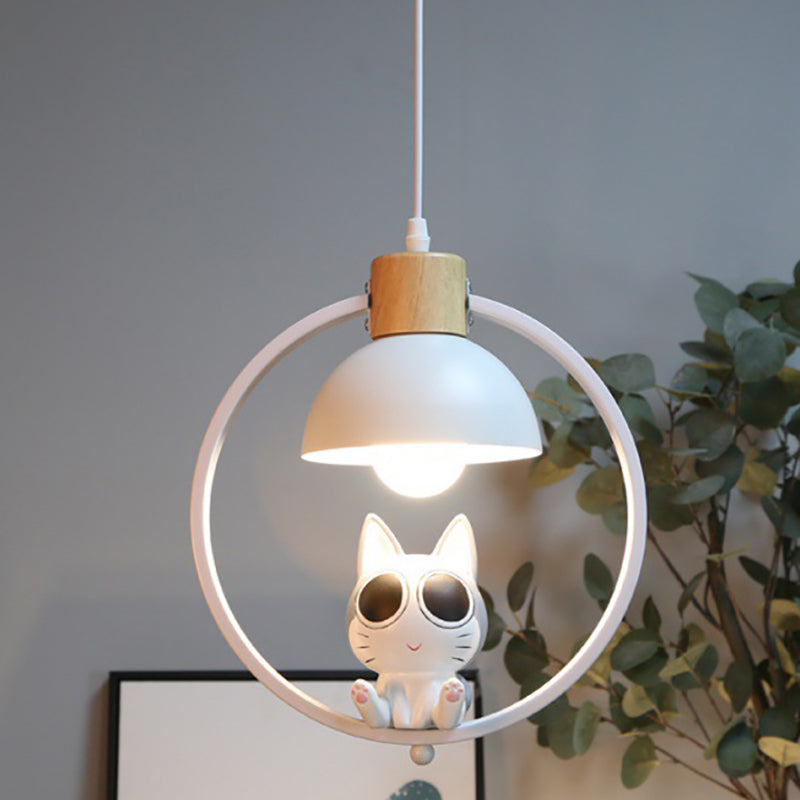 Suspension contemporaine en bois nordique fer résine ronde chat de dessin animé 1 lumière pour chevet 