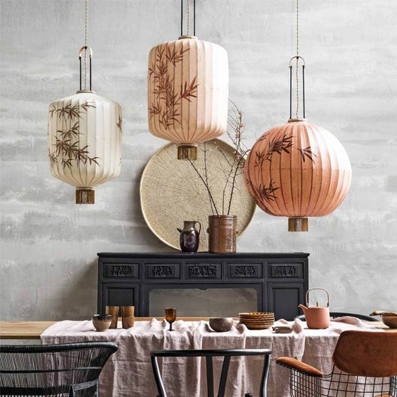 Traditionelle chinesische Bambusmuster Stoff Laterne Schatten 1-Licht Pendelleuchte für Esszimmer 
