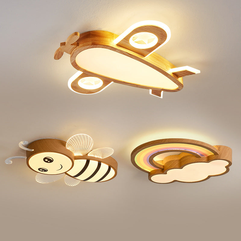 مصباح سقف للأطفال عصري بإضاءة LED من الأكريليك على شكل طائرة نحلة كرتونية بتصميم خشبي إبداعي لغرفة المعيشة 