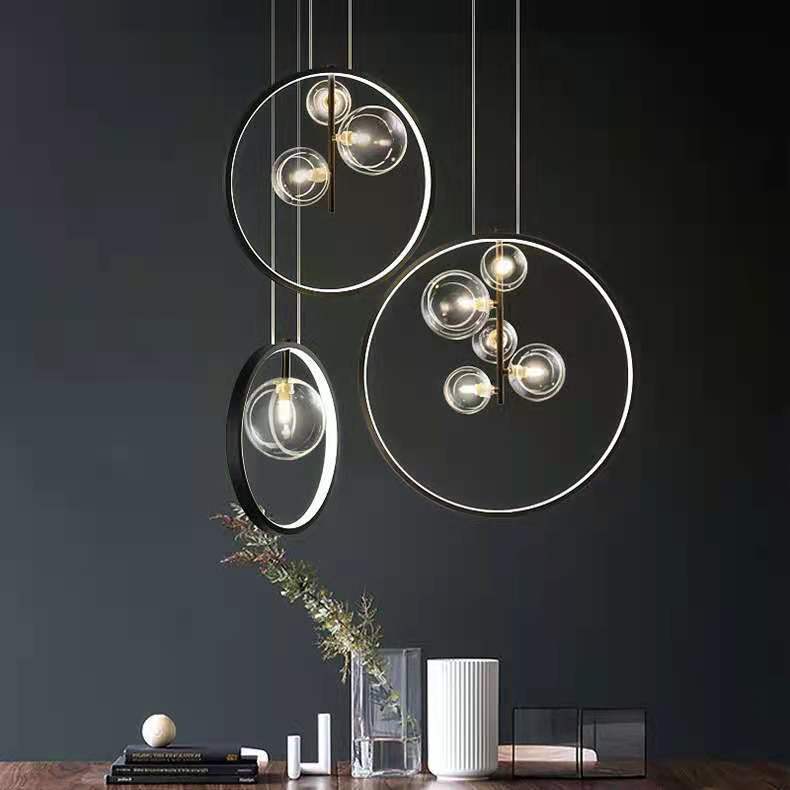 Lustre Suspendu Moderne Minimaliste Cercle Orbe Fer Verre 1/3/5 Lumière Pour Salon 
