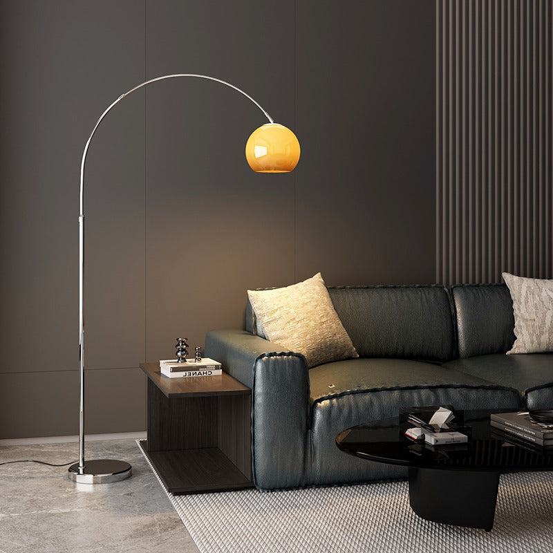 Contemporary Scandinavian Glass Round Shade Fishing Rod Iron 1-Light Standing Floor Lamp For Living Room