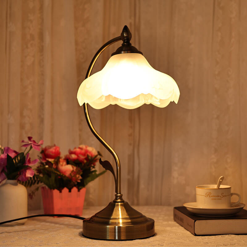 European Vintage Frosted Floral Glass Shade Metal Base 1-Light Table Lamp