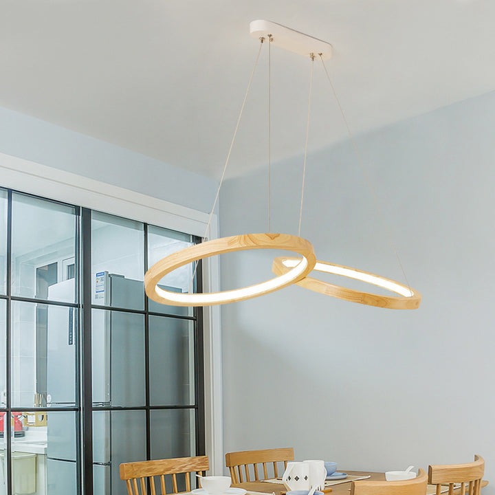 Zeitgenössische skandinavische runde LED-Inselleuchte aus Eisen-Eiche für Esszimmer 