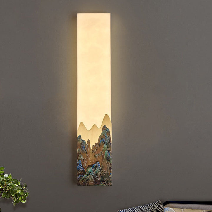 Applique murale LED rectangulaire en marbre chinois traditionnel tout-cuivre pour chambre à coucher 