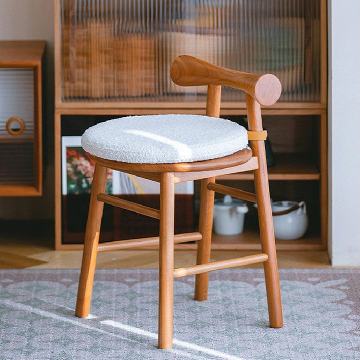 Taburete tocador redondo de madera de estilo moderno y sencillo con tela sherpa, respaldo y reposapiés para dormitorio 