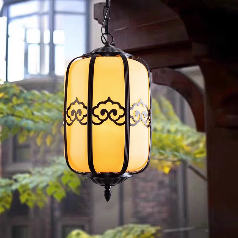 Pantalla de Linterna de Mármol de Imitación Chino Tradicional de Aluminio 1-Luz Impermeable Lámpara Colgante para Patio Exterior 