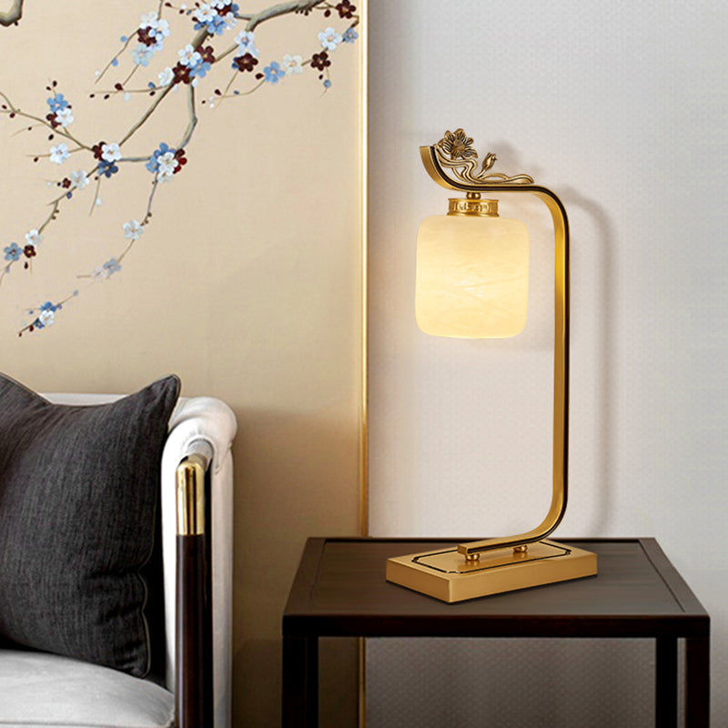 Traditionelle chinesische Laterne Zylinder Kupfer Glas 1-Licht Tischlampe für Schlafzimmer 
