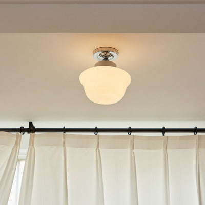 Zeitgenössische Einfachheit Eisen Glas Eierkuchen Form 1-Licht Halbbündige Montage Deckenleuchte für Wohnzimmer 
