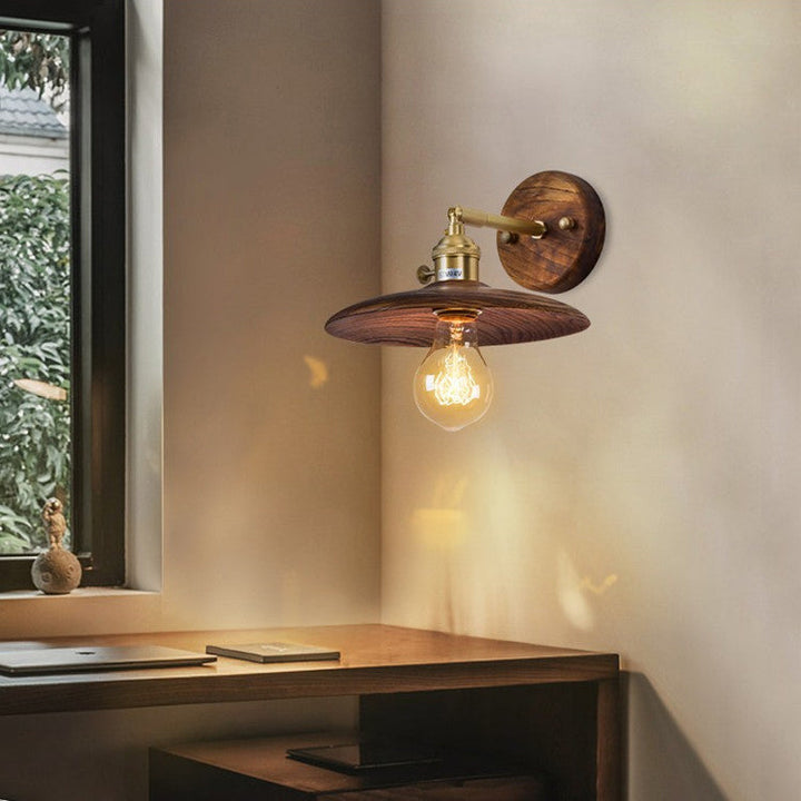 Zeitgenössische Vintage Runde Holzmaserung Messing Holz 1-Licht Wandleuchte Lampe für Wohnzimmer 