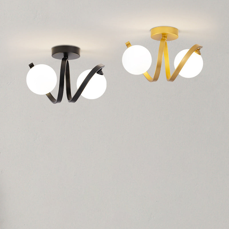 Zeitgenössische nordische Zweigkugel-Deckenleuchte aus Glas und Eisen mit 2 Lichtern, halbbündige Montage für Schlafzimmer 