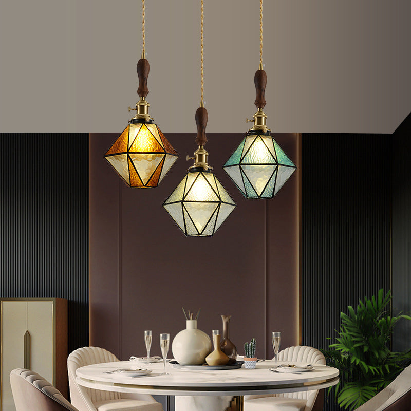 Traditional Tiffany Iron Brass Glass Polygonal Diamond 1-Light Pendant Light For Dining Room