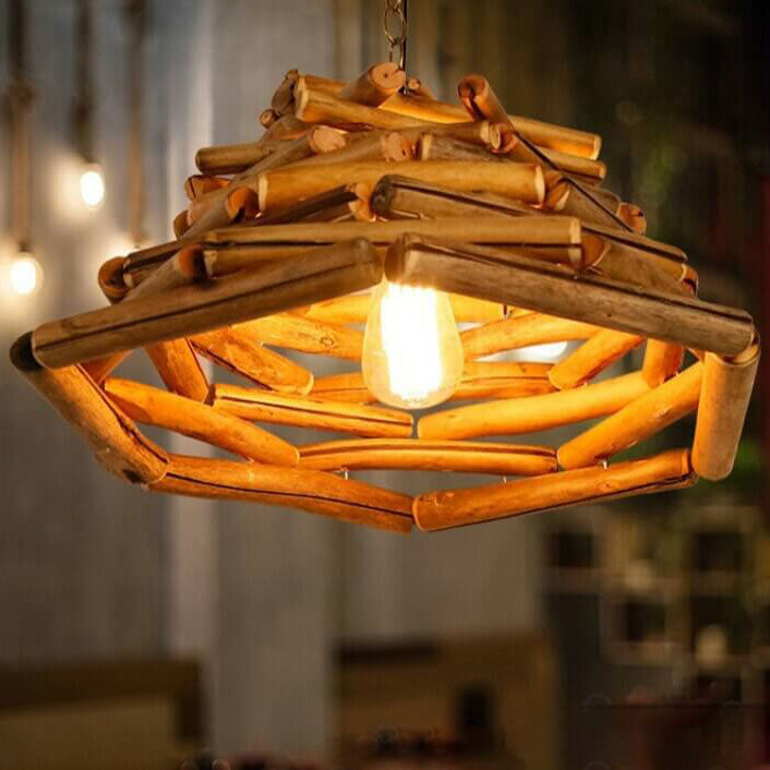 Traditional Vintage Solid Wood Iron Tree Branch Cone 1-Light Pendant Light for Living Room