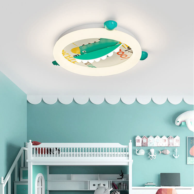 Contemporary Creative Kids Round Dinosaur Iron Acrylic Plastic LED Ceiling Light For Bedroom