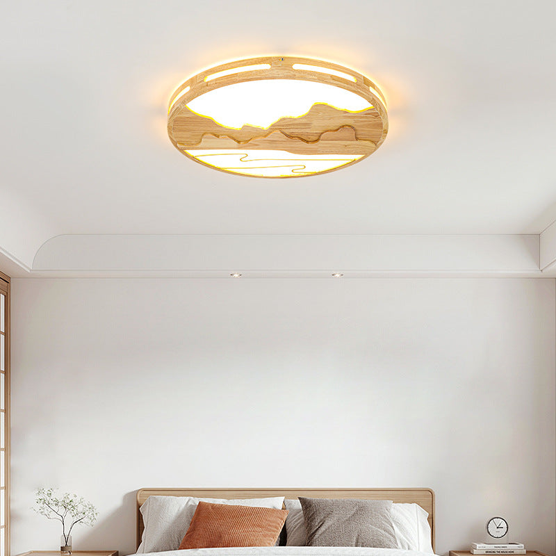 Plafonnier LED rond en bois moderne chinois avec design de montagne 