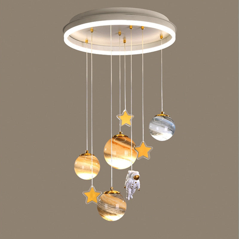 Contemporary Scandinavian Space Planet Acrylic Glass Round Shade LED Kids Flush Mount Ceiling Light For Bedroom