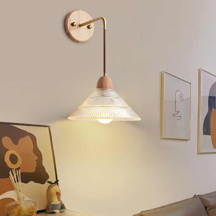 Zeitgenössische Retro Zylinder Blütenblatt Kegel Massivholz Glas 1-Licht Wandleuchte Lampe für Schlafzimmer 